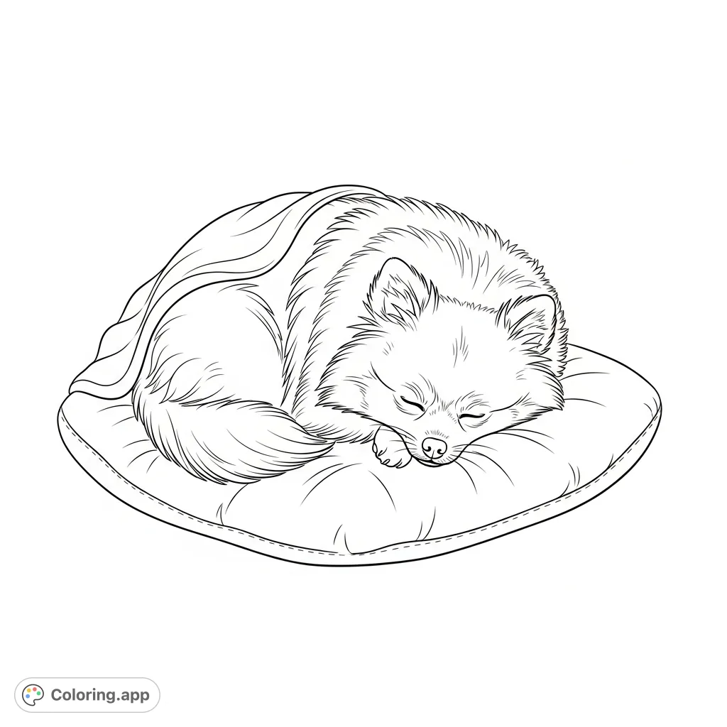 A fluffy Pomeranian dog curled into a tight, sleeping ball on a plush, tufted cushion with minimal blanket folds, creating a serene and cozy scene.