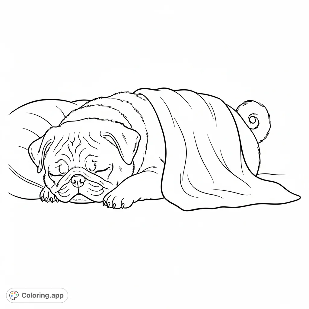 A heartwarming coloring page featuring a peaceful pug puppy curled up on a soft cushion under a blanket. Perfect for relaxation and animal lovers.