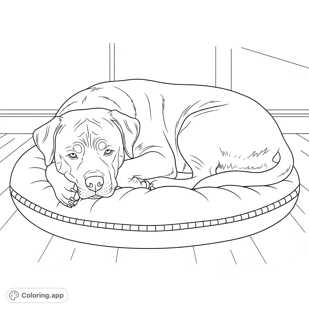 A peaceful Rottweiler dog, curled up comfortably on a soft cushion in a simple indoor setting, perfect for relaxing coloring. A sweet canine companion.