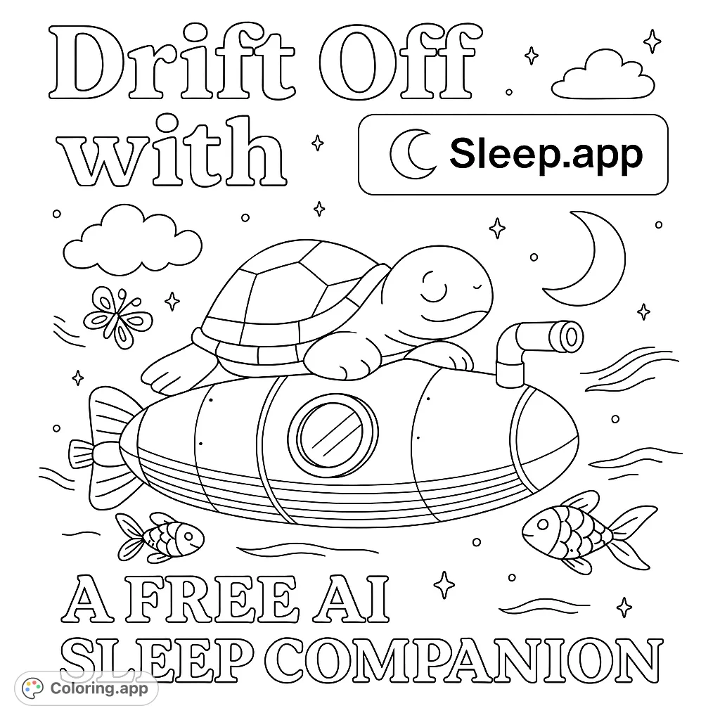 A whimsical turtle peacefully sleeps atop a submarine, journeying through a starry sky with a crescent moon, clouds, and playful fish.