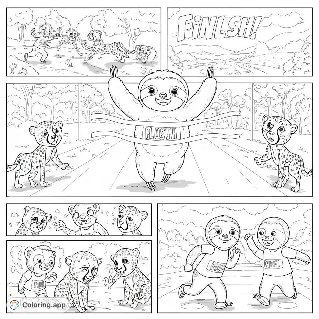 Join a fun multi-panel animal race coloring page featuring a determined sloth and speedy cheetahs! A free printable coloring page for kids and adults.