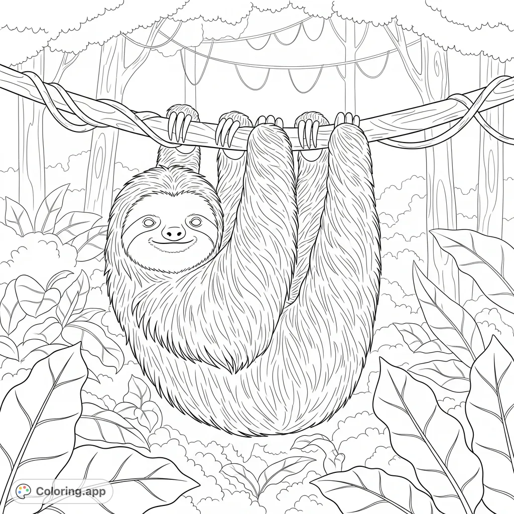 A tranquil three-toed sloth hangs upside down from a thick jungle vine, surrounded by lush foliage. Perfect for a relaxing coloring experience.