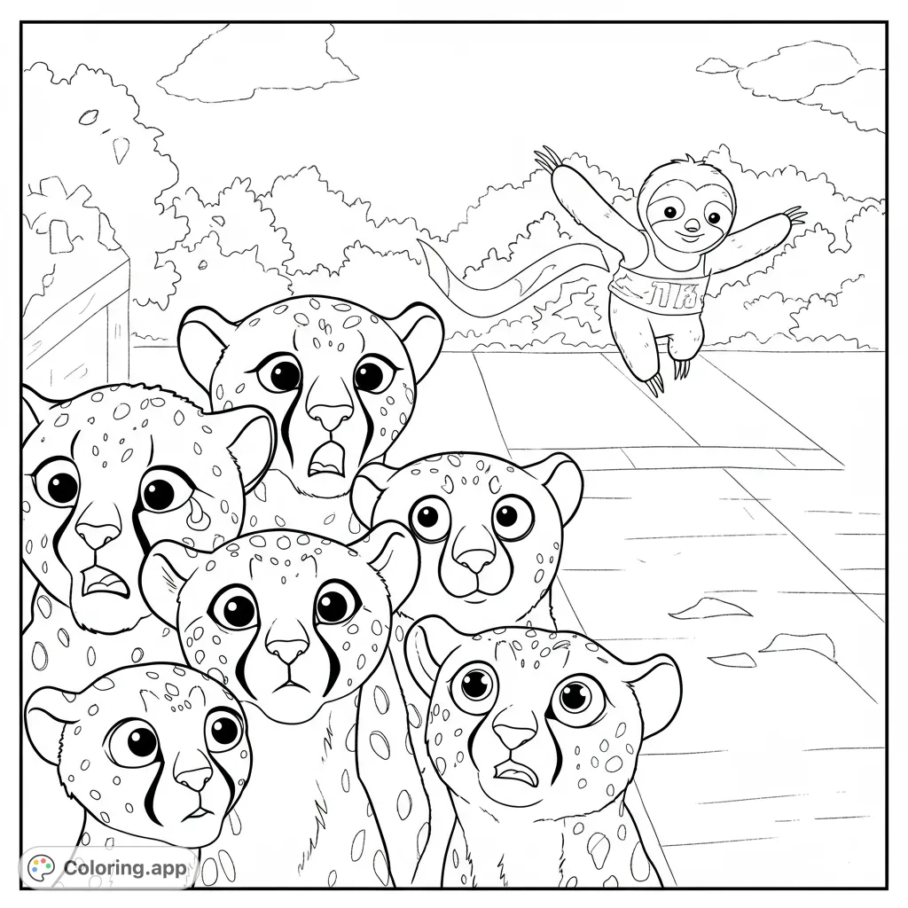 Witness a hilarious race as a flying sloth surprises a group of wide-eyed cheetahs! A fun, free printable animal coloring page for all ages.