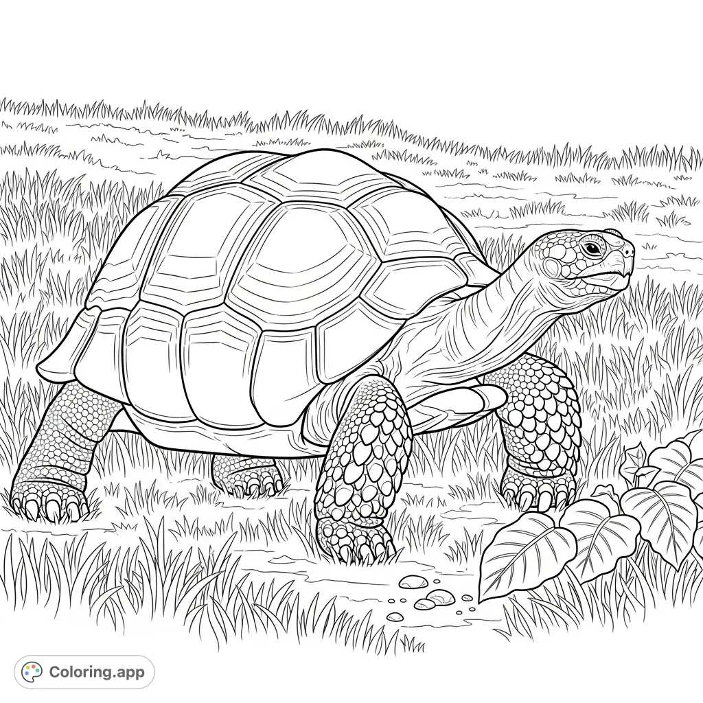 A detailed coloring page featuring a large, ancient tortoise slowly traversing a grassy landscape. Its textured shell and wise expression invite thoughtful coloring.