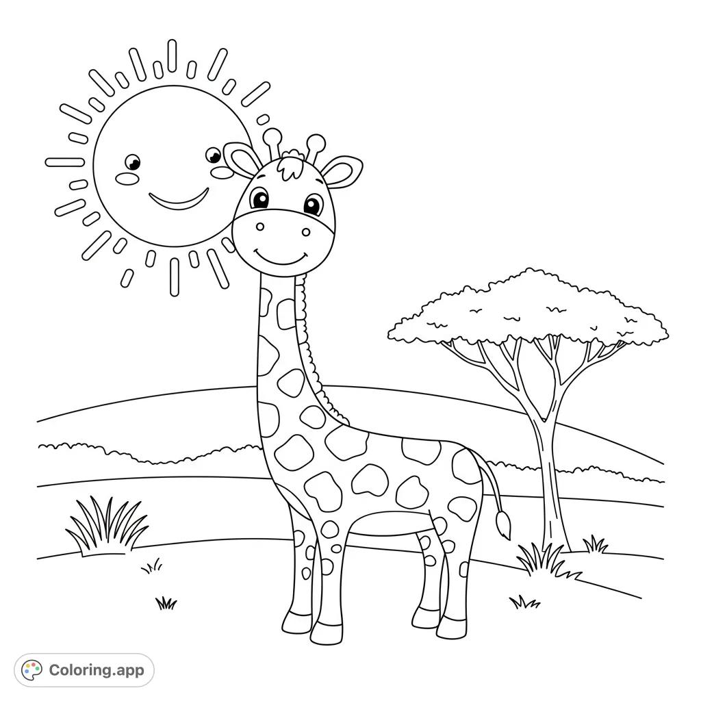 A charming safari coloring page featuring a happy giraffe under a smiling sun, with an acacia tree and rolling hills. Perfect for kids!