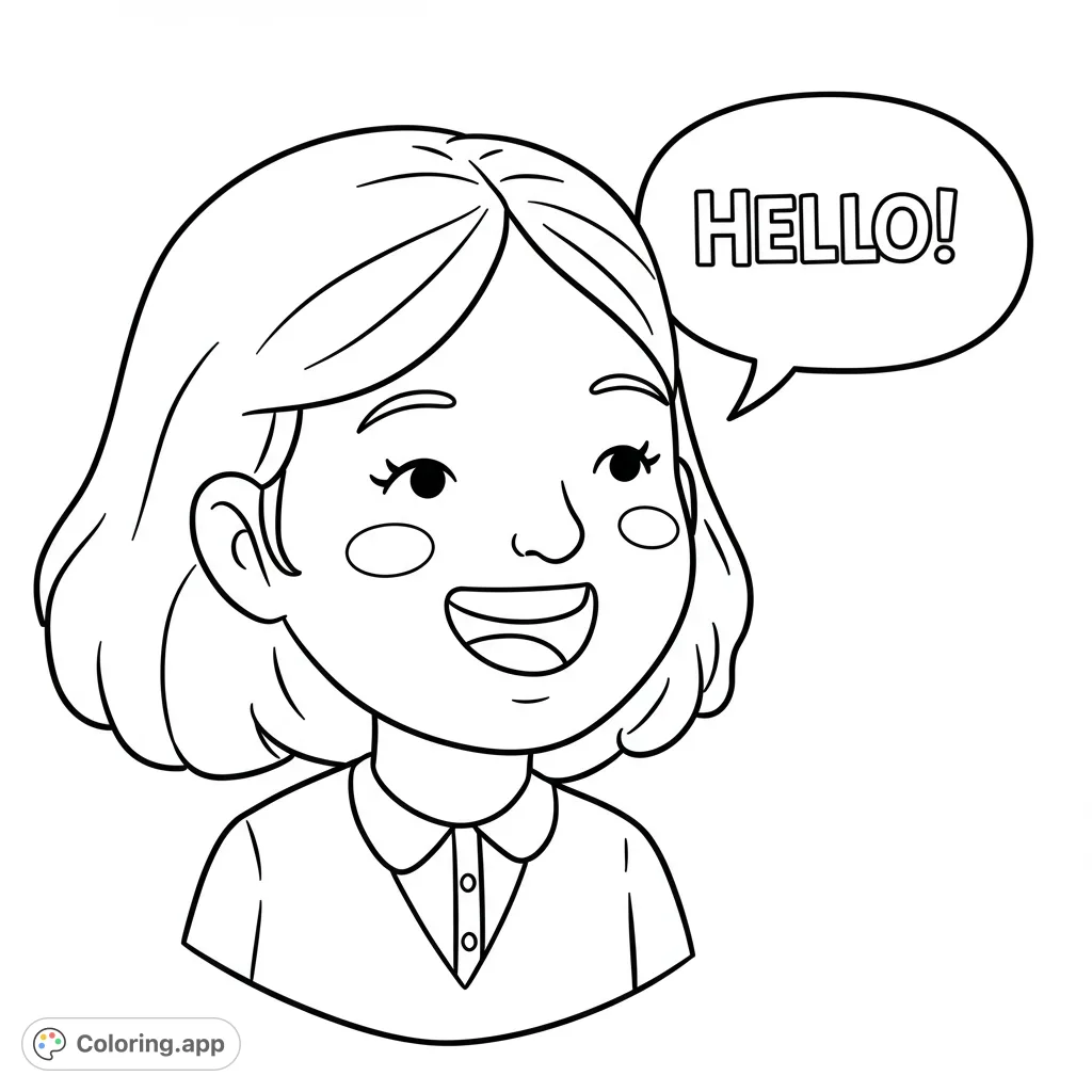 A cheerful girl with a wide smile and an empty speech bubble, perfect for adding your own message. A delightful free printable coloring page for kids.