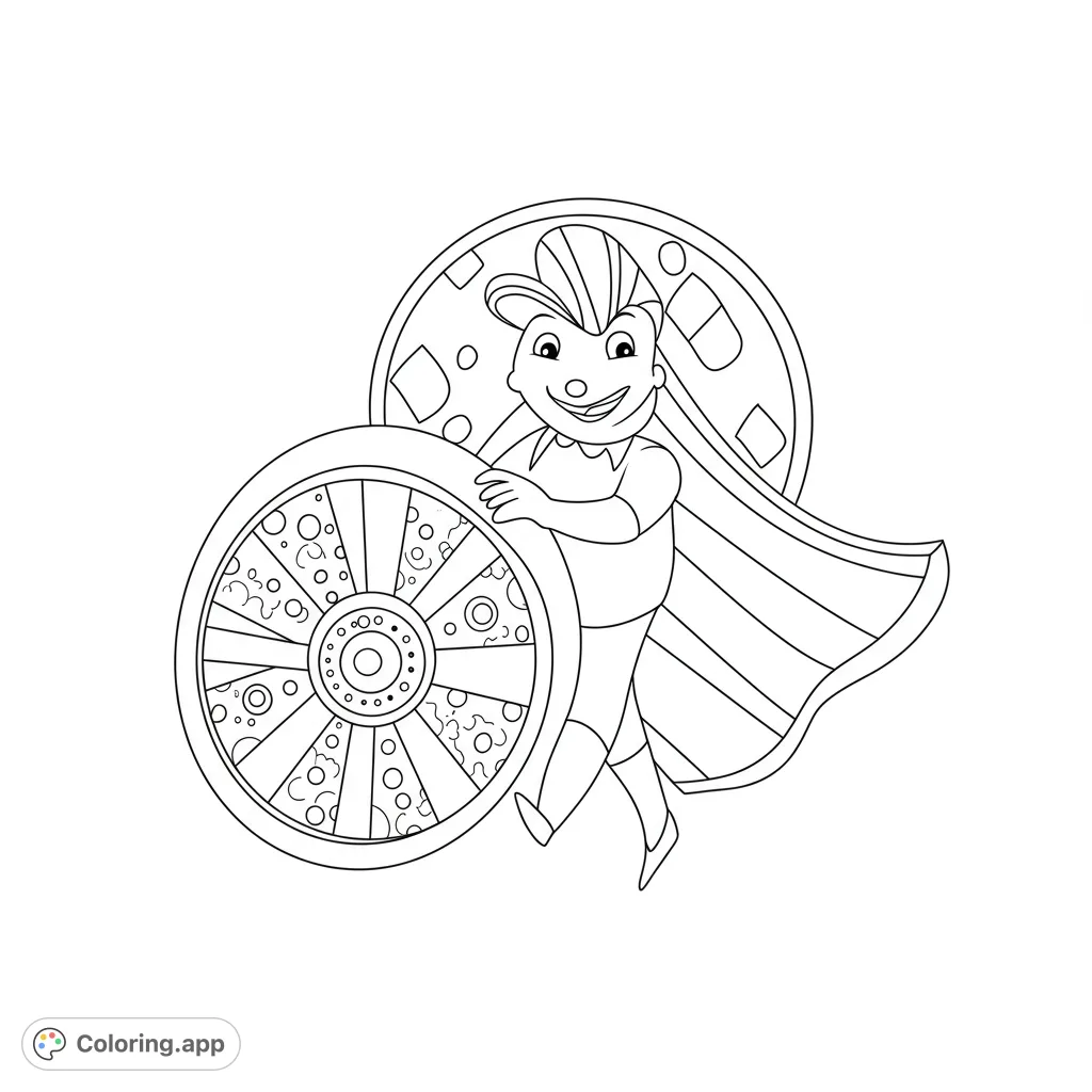 A cheerful hero character with a flowing cape stands proudly beside a large, intricately decorated wheel, ready for a vibrant adventure.