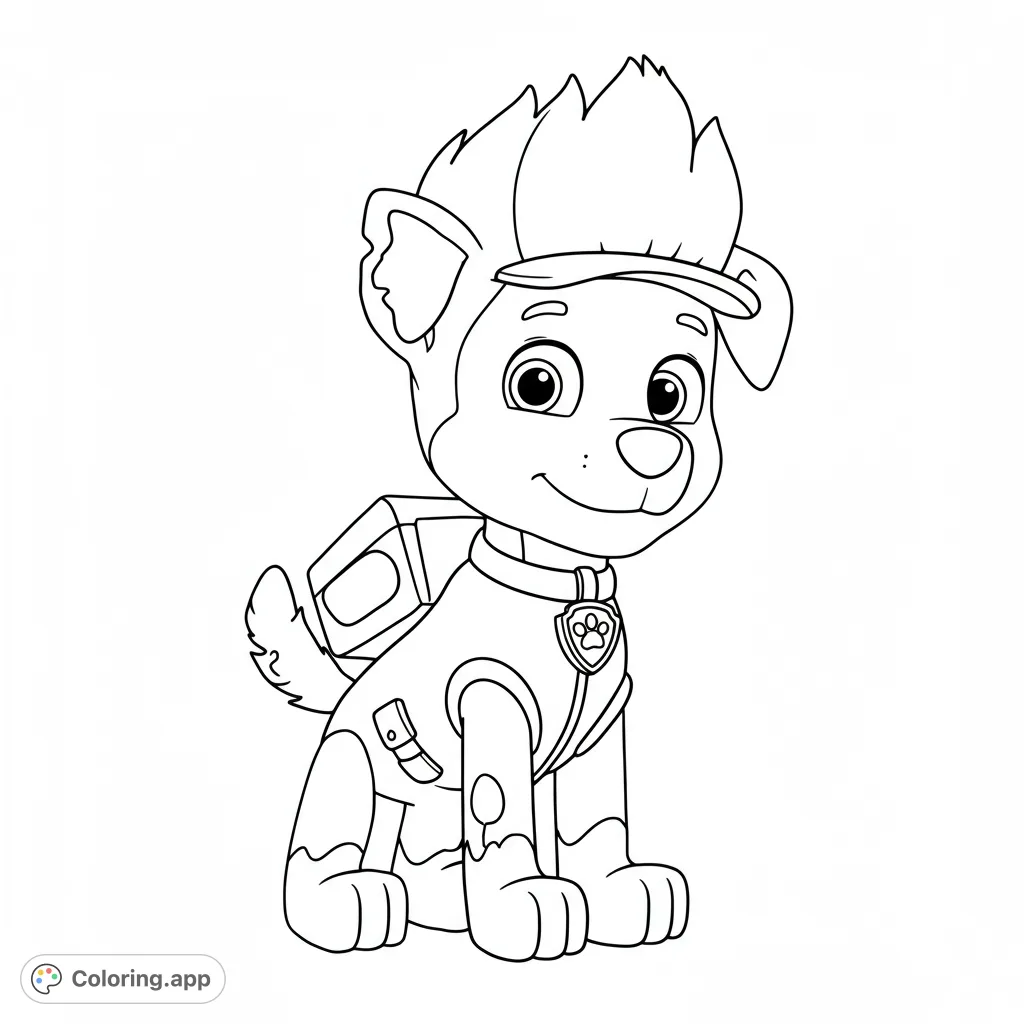 A cute cartoon puppy character in a uniform and cap, sitting with a friendly smile. A fun, free printable coloring page for kids and puppy lovers.