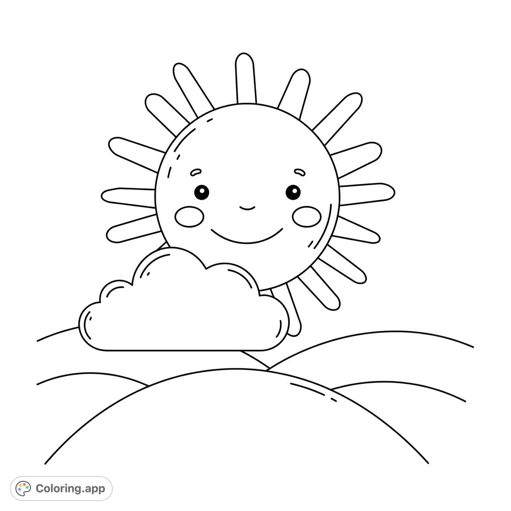 A cheerful sun peeking over a fluffy cloud and rolling hills. A delightful, free printable sun coloring page for kids and adults.