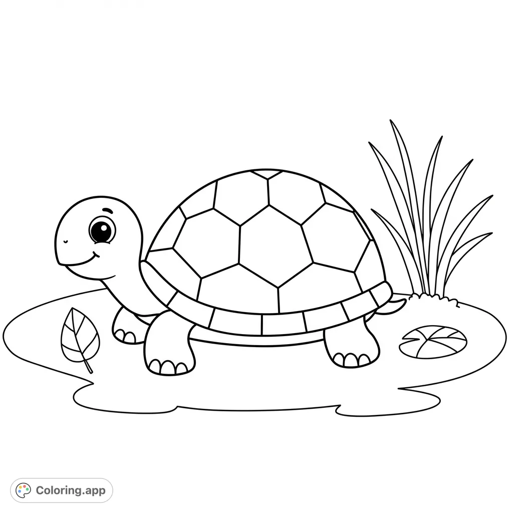 An adorable turtle with a patterned shell smiles by a pond, surrounded by a leaf and grass. A charming free printable turtle coloring page for kids.