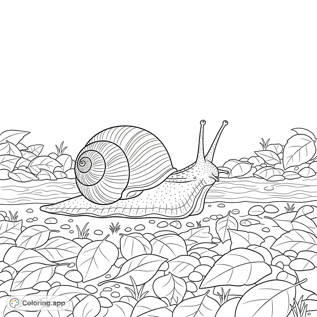 A charming scene featuring a detailed snail slowly making its way across a path covered in various leaves and natural elements, inviting a calm coloring experience.