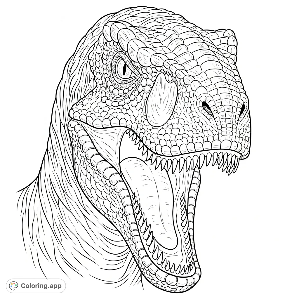 A thrilling close-up of a snarling Velociraptor, featuring sharp teeth, intense reptilian eyes, and intricate scales for an exciting dinosaur coloring page.