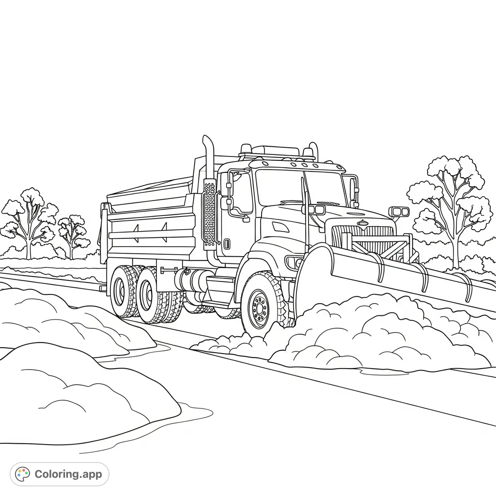 Color a powerful snow plow truck clearing a wide winter road, surrounded by large, softly curved snow piles and a serene, frosty landscape.