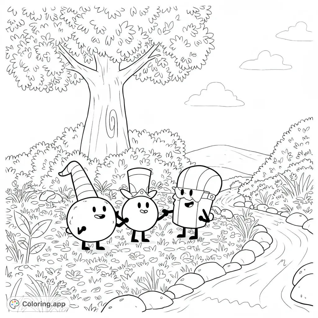 Explore a fun Battle for Dream Island coloring page featuring Snowball and Saw in a charming nature scene with a stylized tree, stream, and leaf patterns.