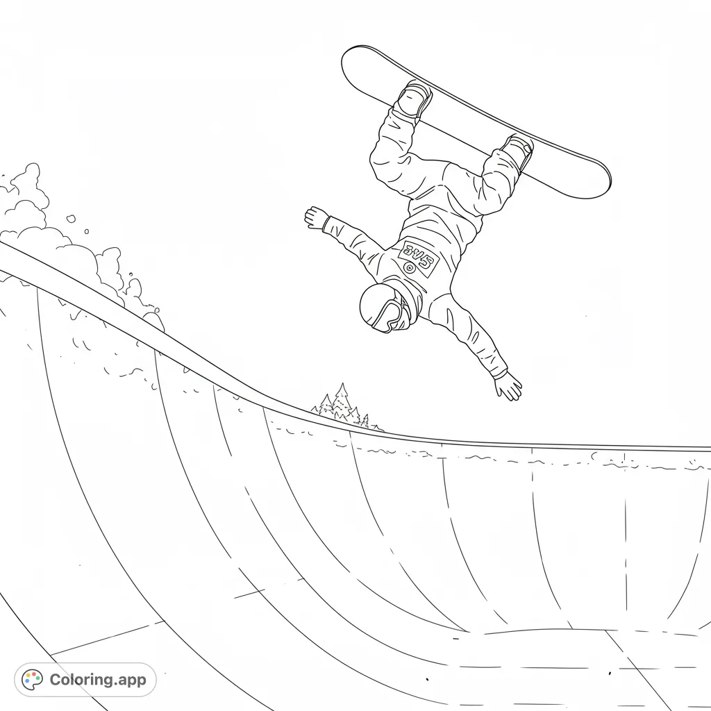 Dynamic snowboarder mid-air over a half-pipe, perfect for extreme sports fans. Free printable snowboarding coloring page for kids and adults.