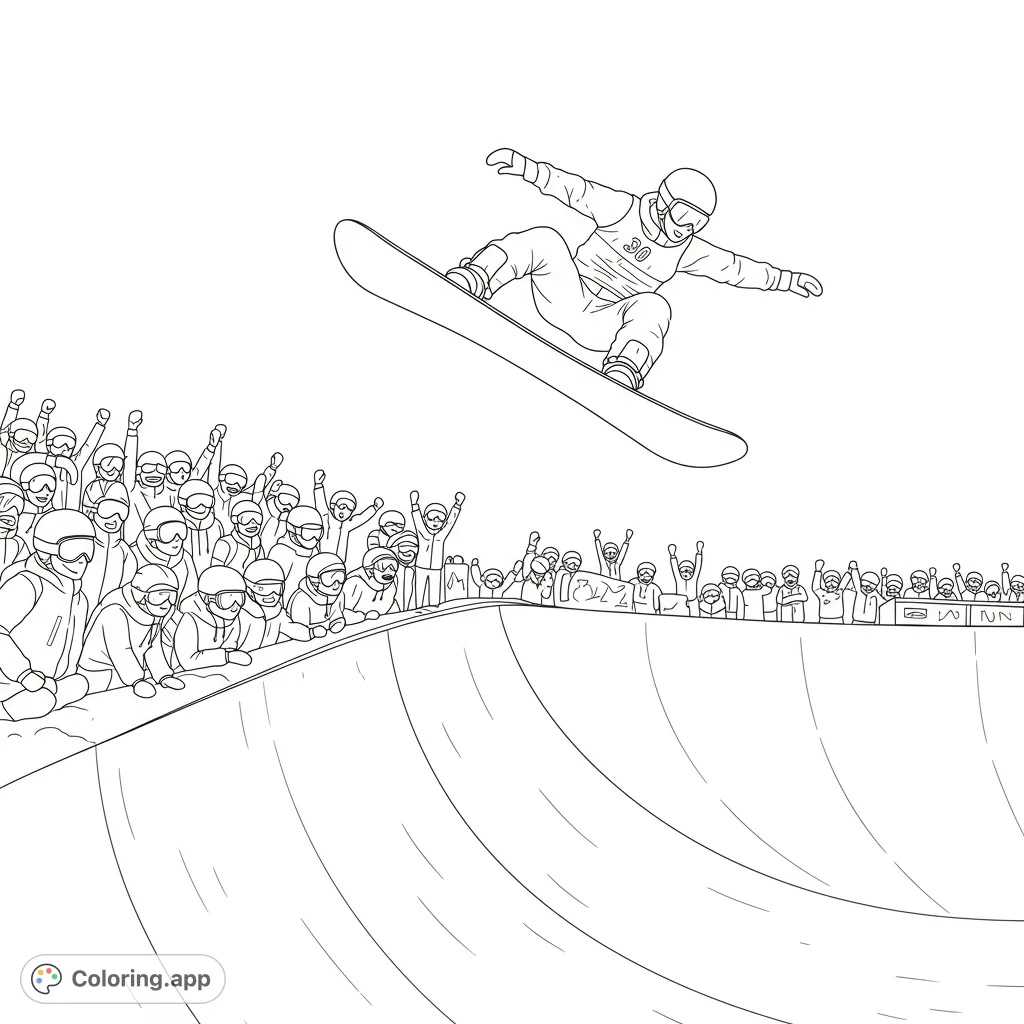 Dynamic snowboarding coloring page featuring a snowboarder mid-air over a half-pipe, cheered by an excited crowd. Free printable fun!