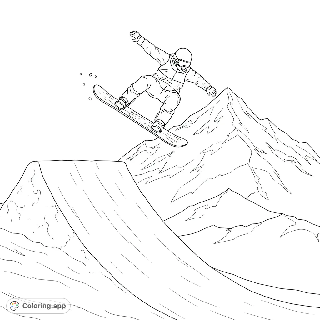 Dynamic snowboarder soaring over a snow ramp with majestic mountains in the background. A thrilling winter sports scene for coloring.