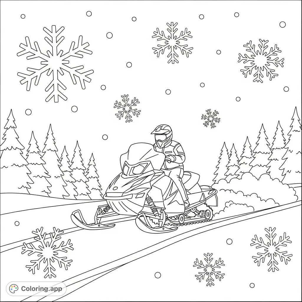 Experience a thrilling snowmobile ride! This page features a snowmobile with a rider, speeding through a snowy landscape with falling flakes and simplified trees.