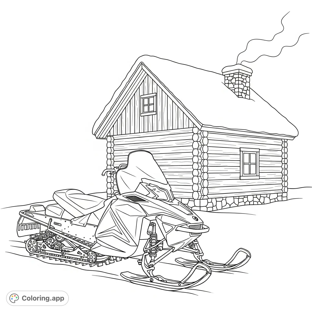A rustic log cabin, its chimney gently smoking, sits nestled in a snowy landscape with a snowmobile parked nearby, inviting a cozy winter coloring escape.