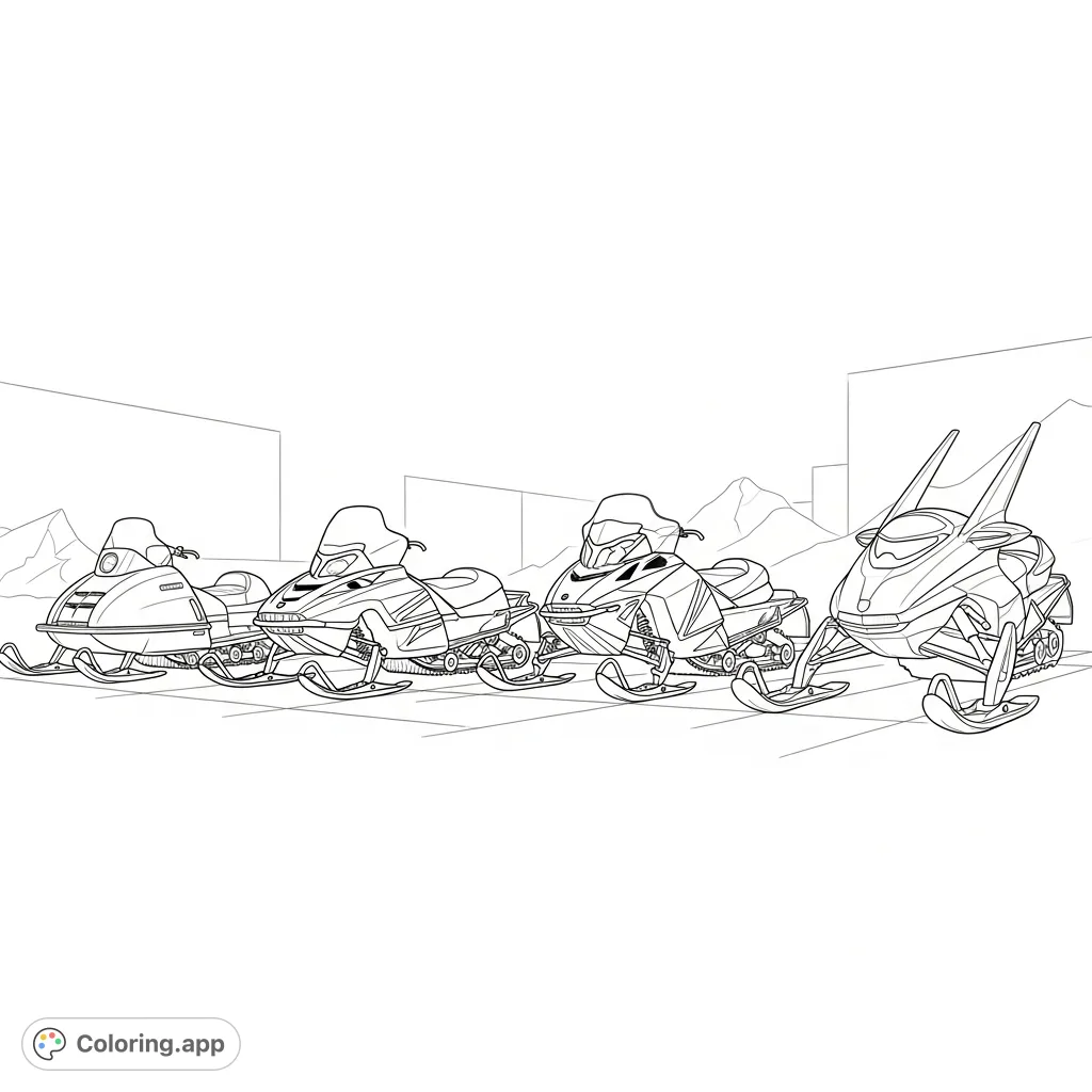A detailed coloring page featuring a horizontal lineup of four distinct snowmobiles: vintage, modern trail, rugged mountain, and futuristic, set against a minimal background.