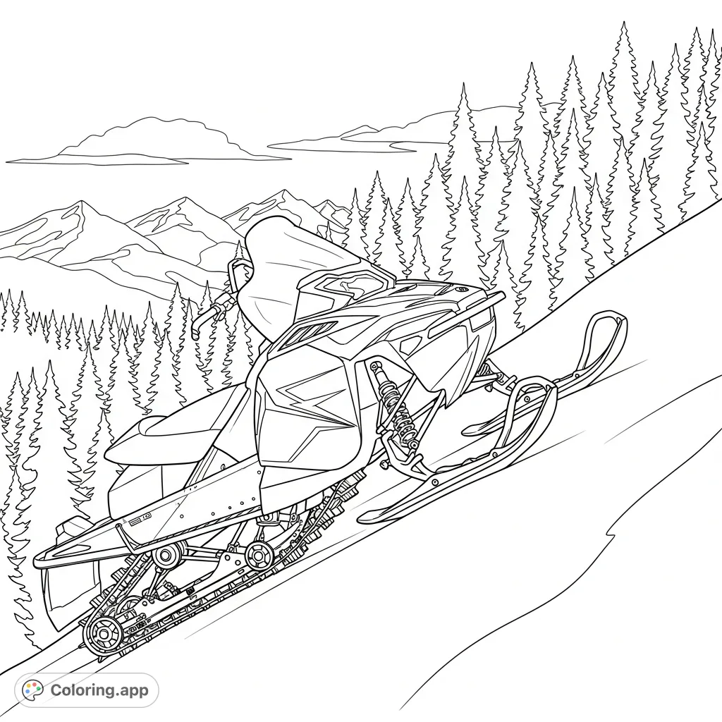 Detailed snowmobile tackles a steep, snow-covered mountain. Simplified pine trees and distant peaks create a thrilling winter adventure scene.