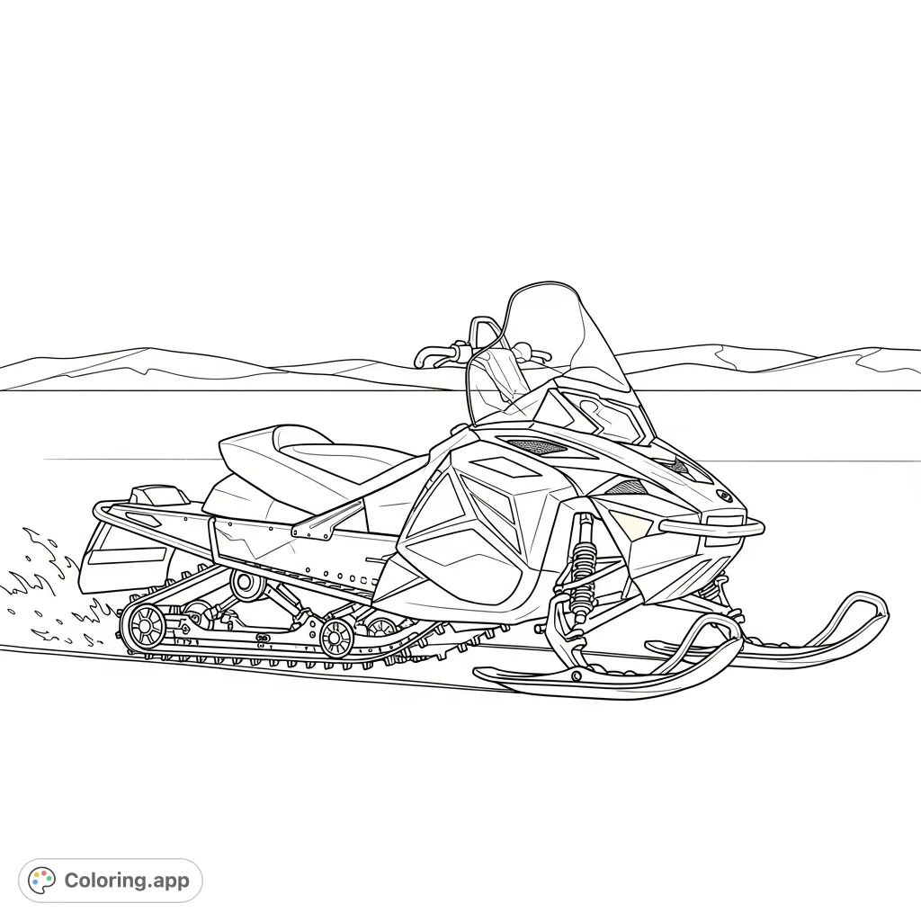 Embark on a frozen adventure! Color a rugged snowmobile speeding across vast, open tundra with subtle distant hills. Perfect for winter enthusiasts.