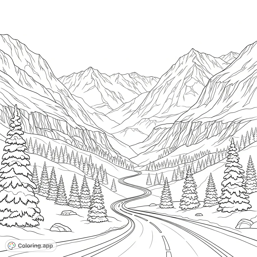 Explore a serene snowy mountain pass with a winding road and snow-covered pines. A tranquil winter landscape awaiting your creative touch.