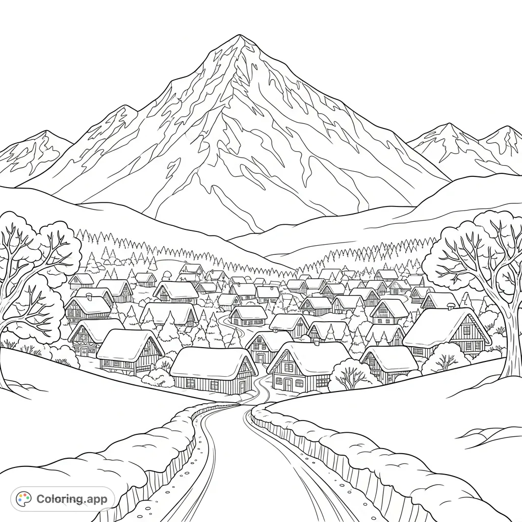 Discover a tranquil, snow-laden mountain village, featuring a majestic peak, cozy rooftops, and winding paths. A captivating winter scene awaits your colors.
