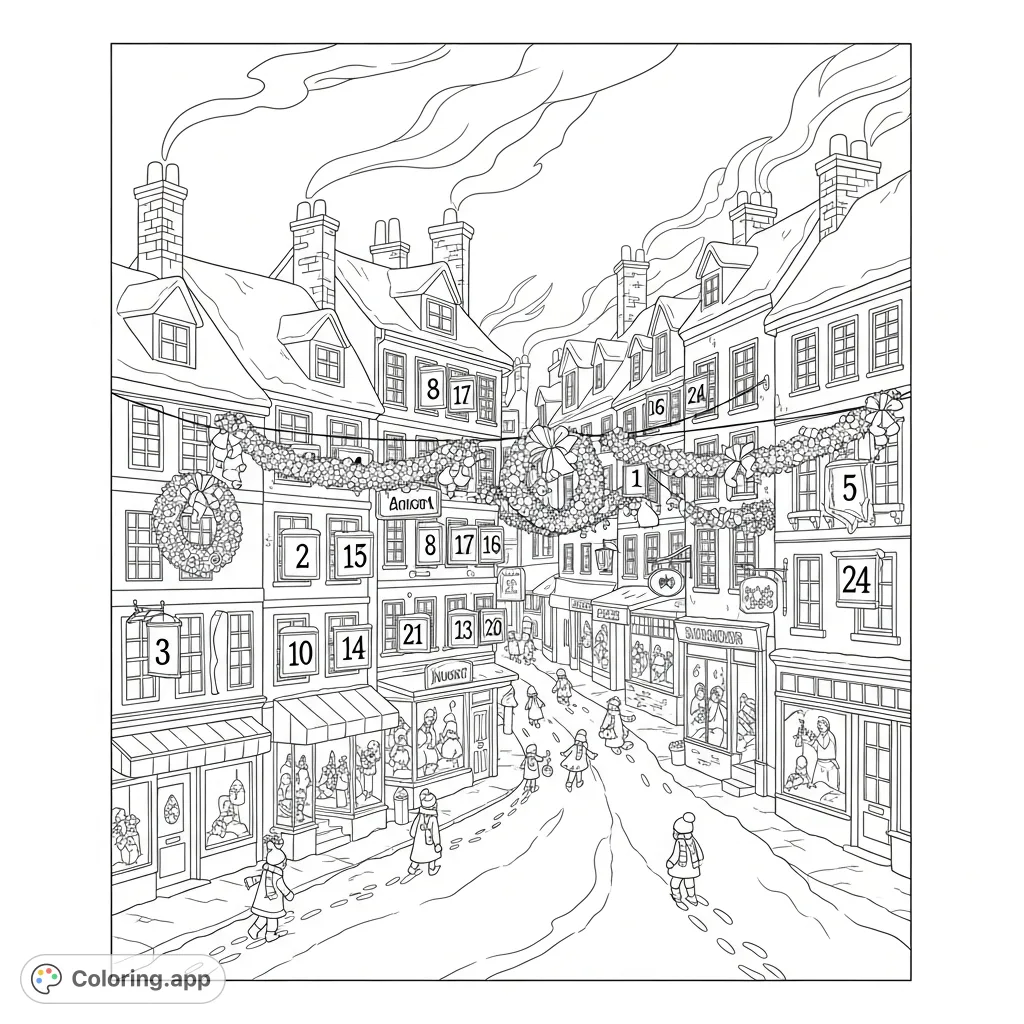 Explore a charming snow-covered village, a festive advent calendar scene with 24 distinct windows and shops, tiny figures, and elaborate garlands. A perfect winter coloring page.