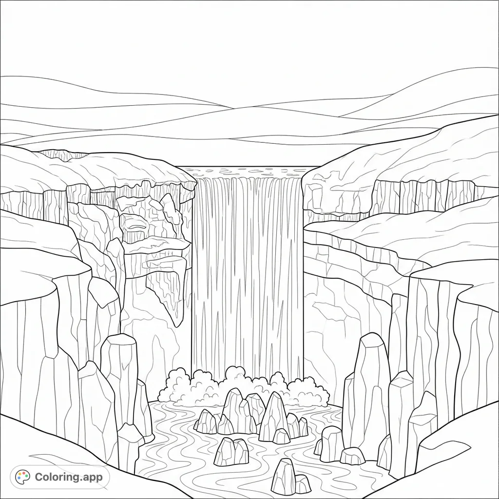 A serene winter scene featuring a powerful waterfall cascading from a snowy ledge, surrounded by simplified, jagged icy rock formations.