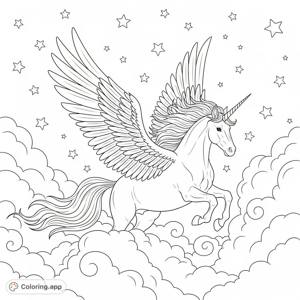 A majestic unicorn with outstretched wings soars through soft, swirling clouds and a field of twinkling stars in a magical celestial scene.