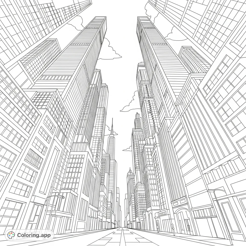 Dive into an intricate city canyon coloring page. Explore towering skyscrapers, detailed facades, and a captivating sky view, perfect for urban enthusiasts.