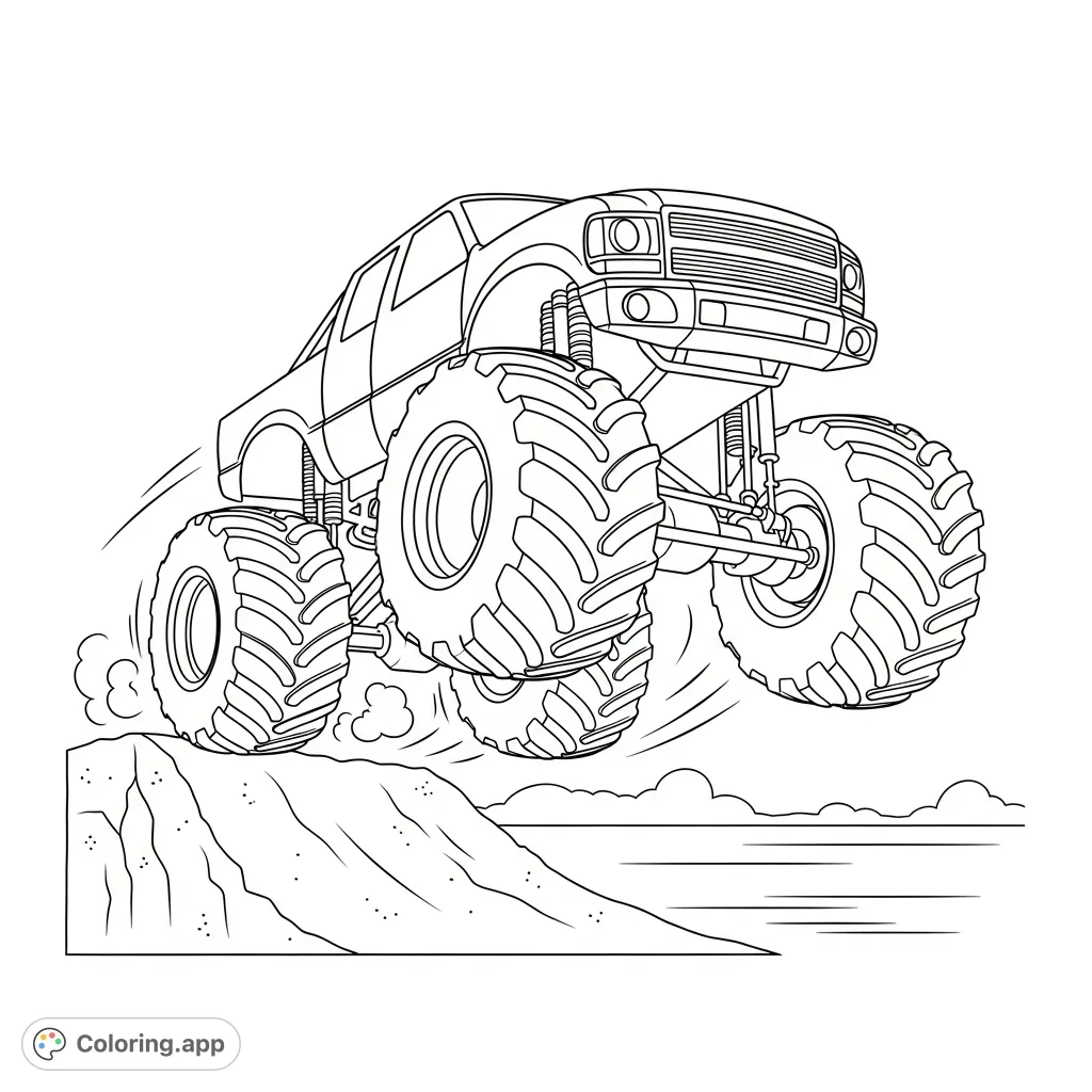 A thrilling coloring page featuring a powerful monster truck mid-air, launching off a dirt ramp with its colossal wheels fully extended and dynamic motion lines.