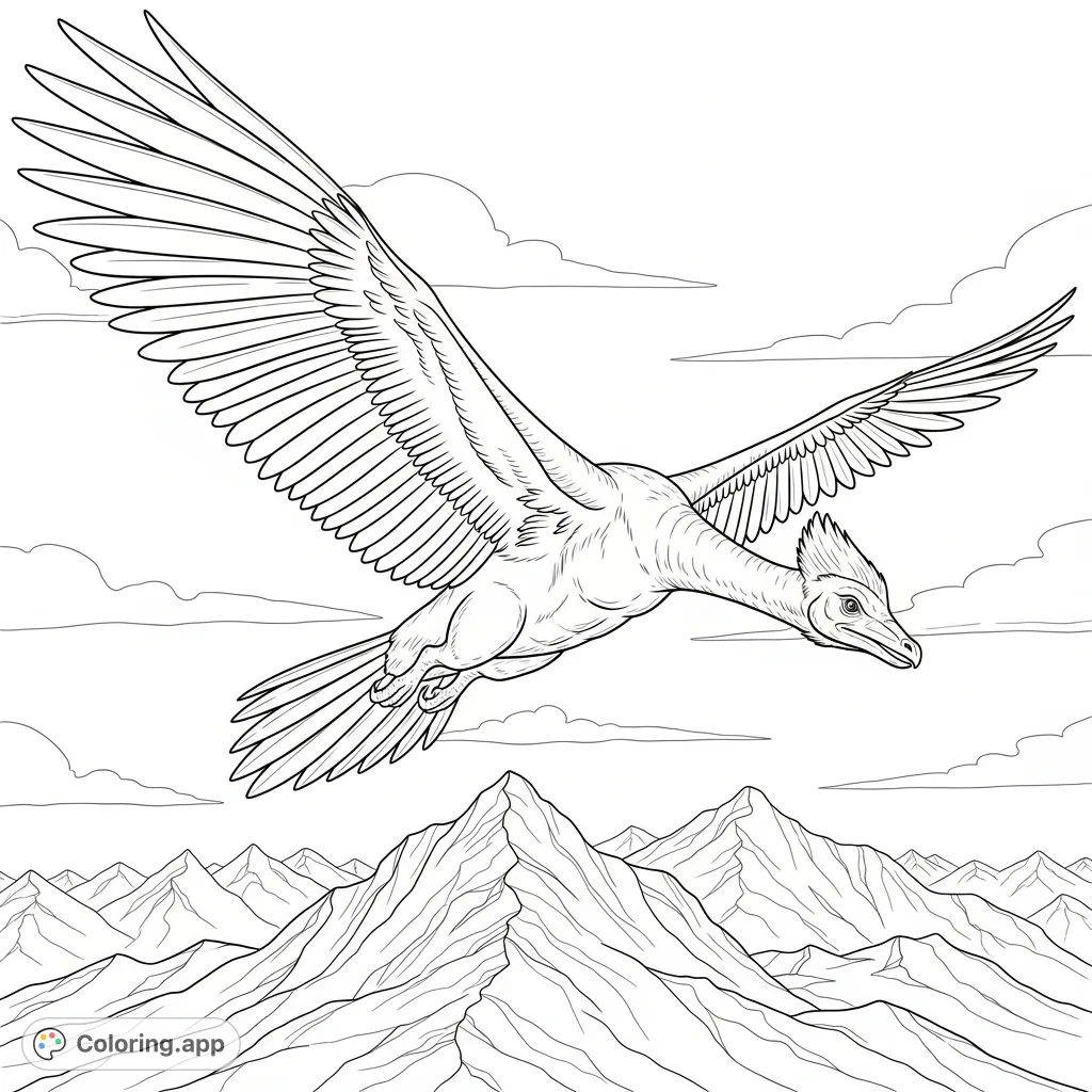 A magnificent Quetzalcoatlus with expansive, bold wings gracefully soars above a rugged, detailed mountain range, captured in a dynamic pose.