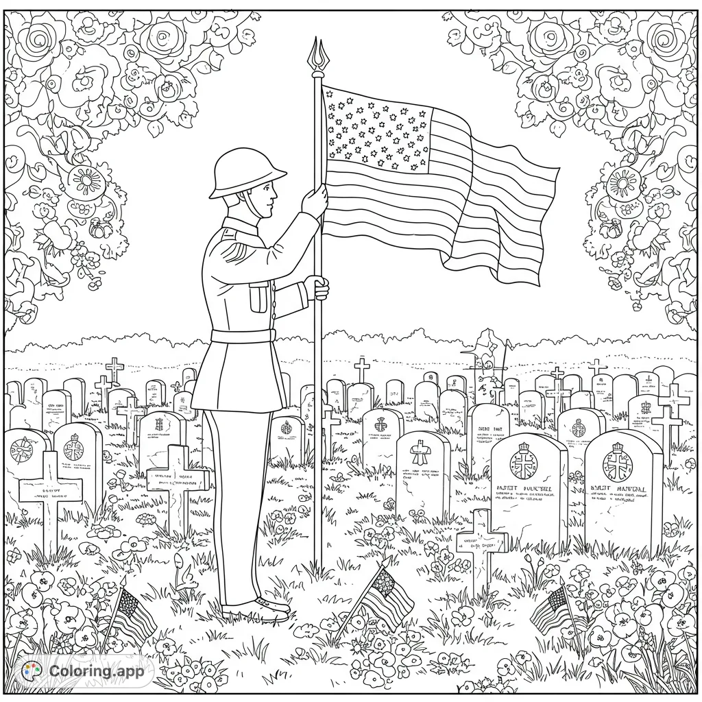 A solemn soldier holds the American flag amidst a field of gravestones, honoring fallen heroes. A patriotic remembrance scene.