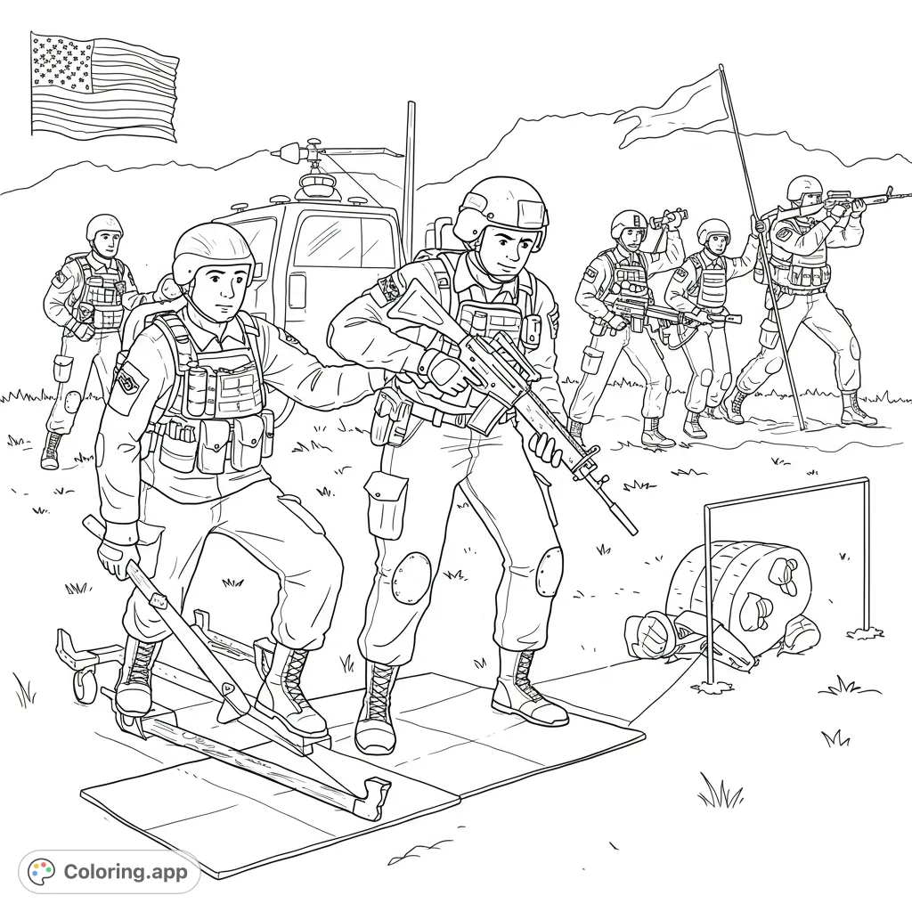 Dynamic military training scene with soldiers, vehicle, and flags. A detailed free printable army coloring page for all ages.