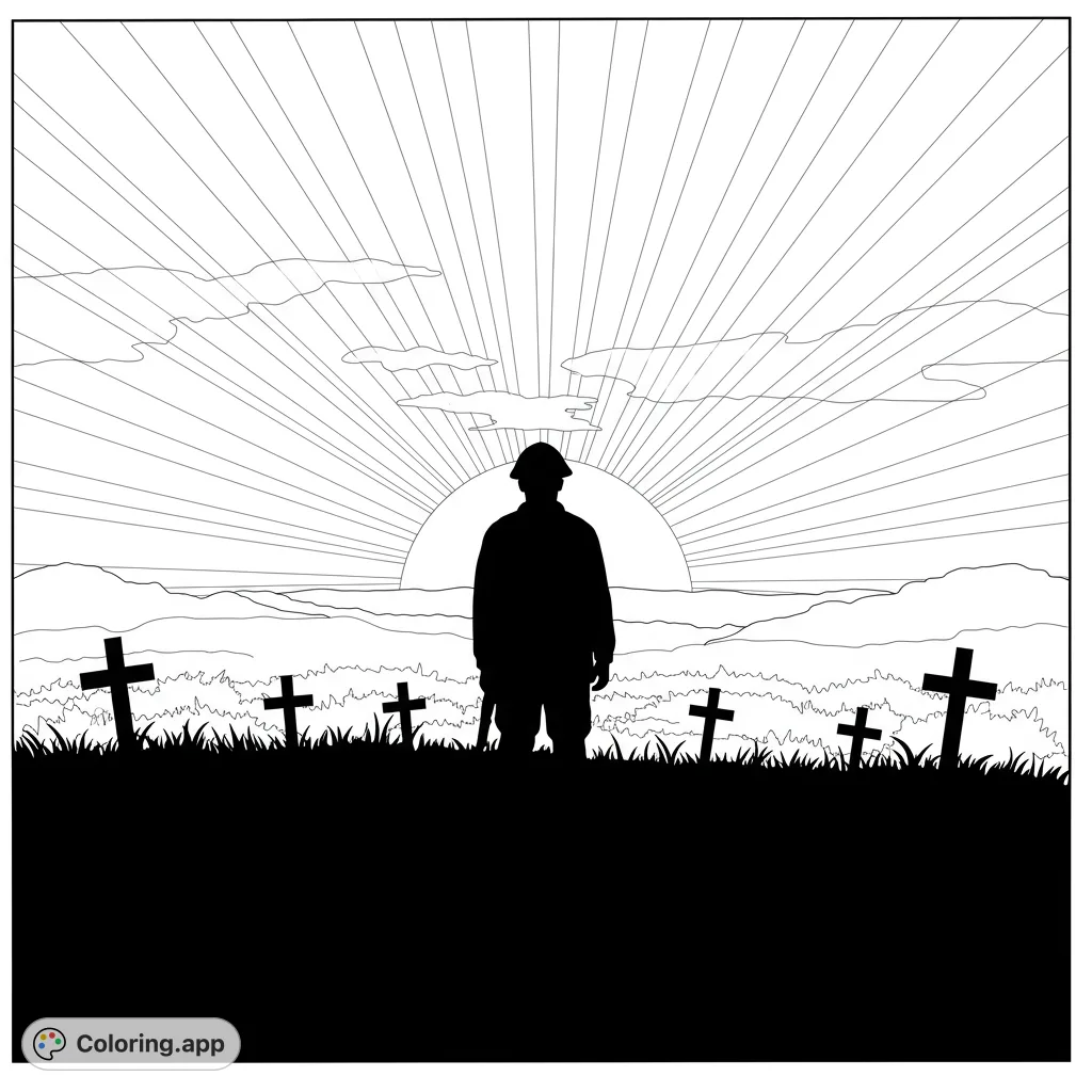 A poignant military remembrance coloring page featuring a soldier's silhouette, grave markers, and a radiant sunrise, perfect for reflection.