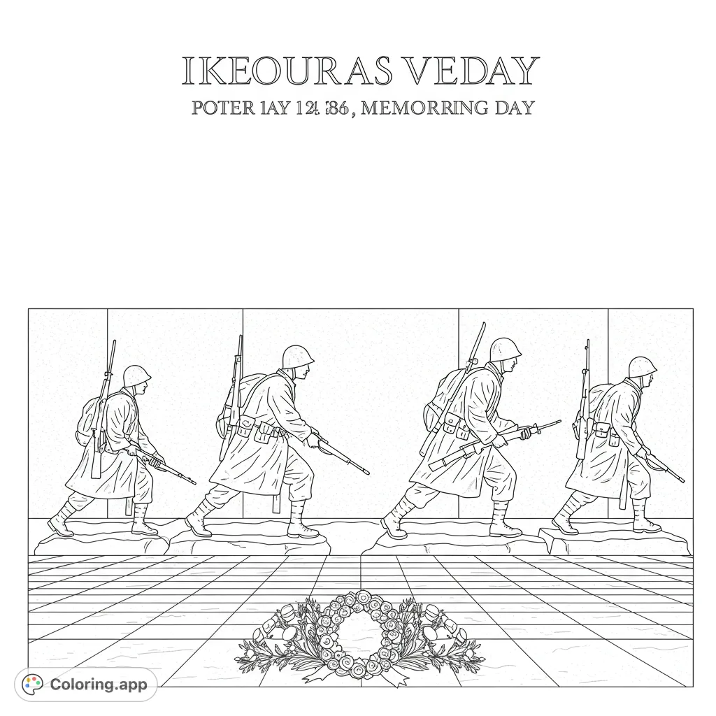 A solemn military coloring page featuring four marching soldiers and a detailed memorial wreath, perfect for honoring history and heroes.