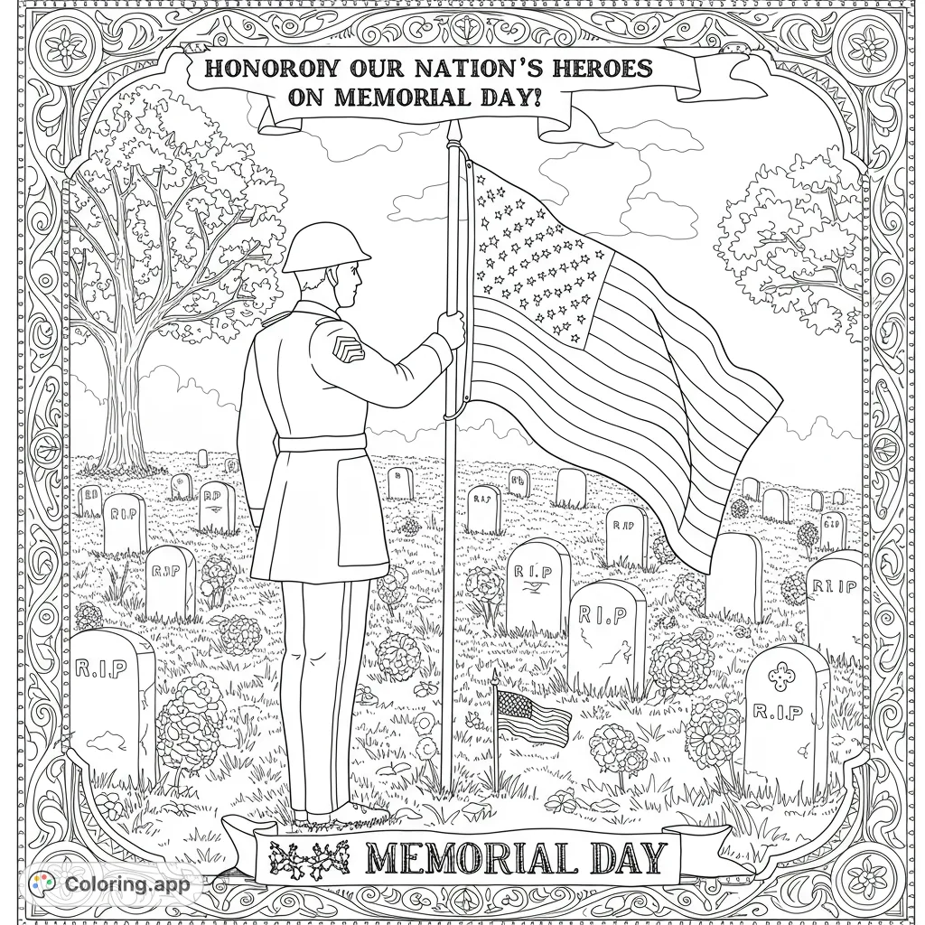 A solemn Memorial Day scene featuring a soldier, American flag, and cemetery, perfect for patriotic reflection and honoring heroes.