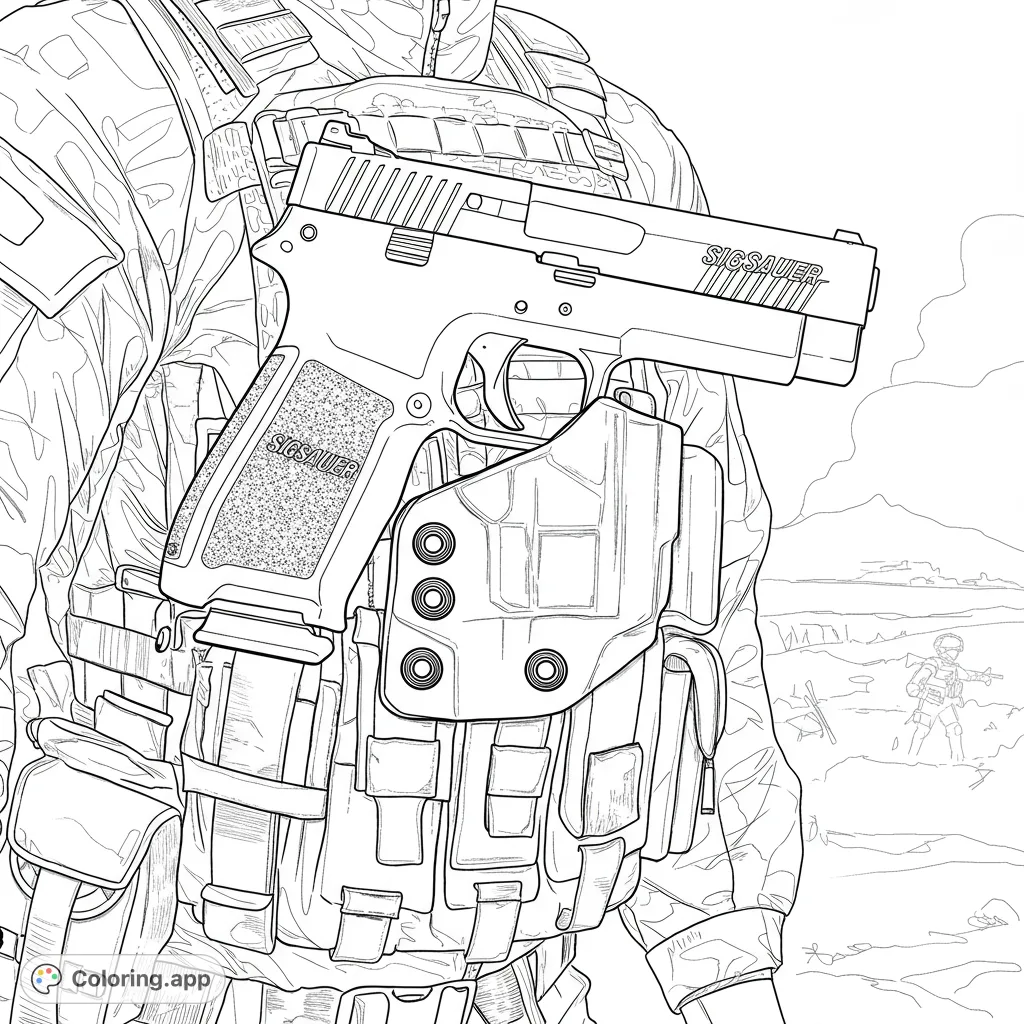 Detailed tactical gear coloring page featuring a soldier's vest, holstered pistol, and distant combat scene. Free printable for adults.