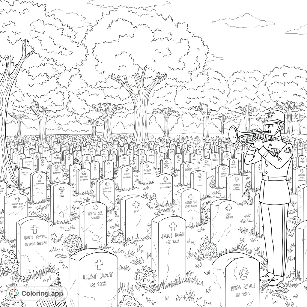 A solemn military cemetery scene with a bugler playing a tribute amidst rows of gravestones and trees. Perfect for reflection and remembrance.