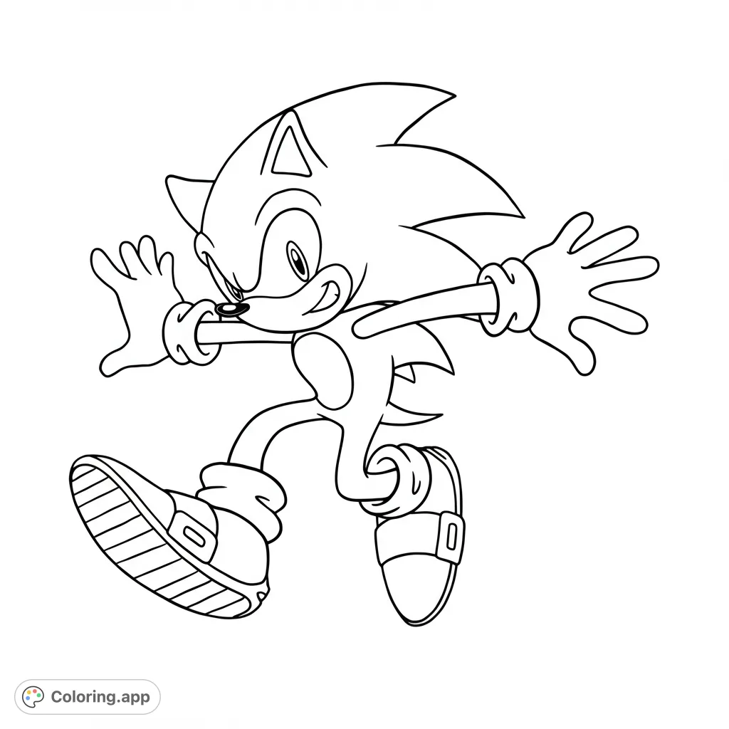 A dynamic Sonic the Hedgehog coloring page, capturing the iconic character in a speedy, action-packed pose. Free printable for fans of all ages!