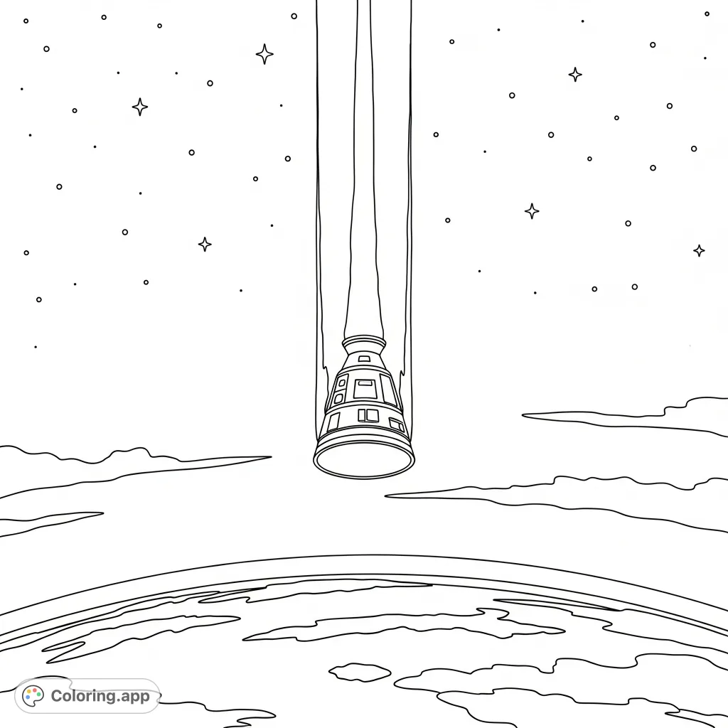 Witness a space capsule's dramatic reentry. A detailed depiction with a prominent heat shield and a fiery atmospheric trail, set against Earth's curvature.