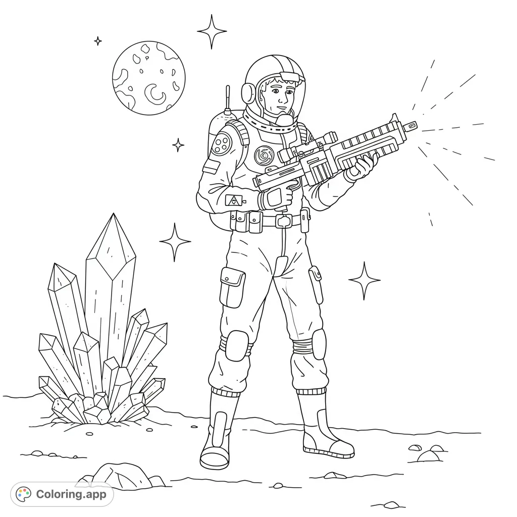 Explore the cosmos with this space explorer coloring page! An astronaut with a laser rifle stands on an alien planet amidst glowing crystals and distant stars.