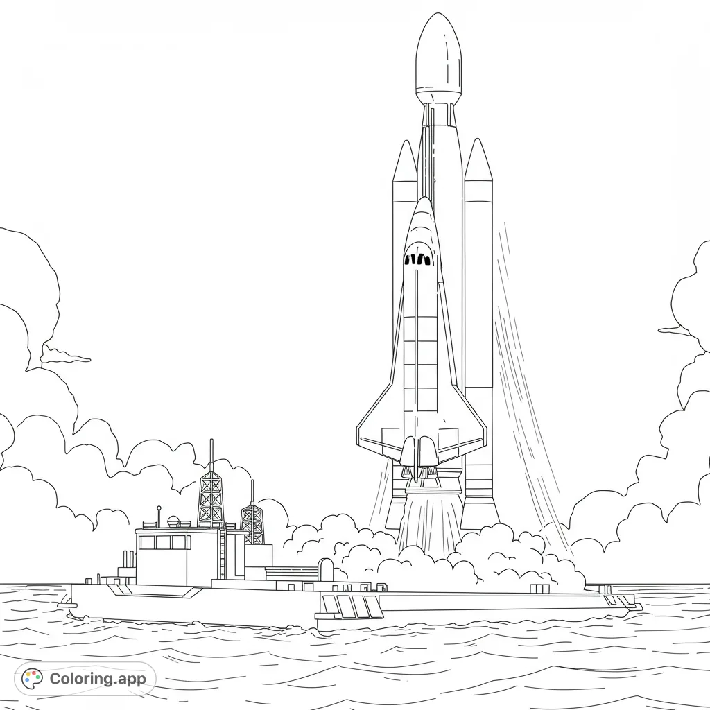 Experience the thrill of a space shuttle launch from a sea-based platform. A detailed space launch coloring page, perfect for aspiring astronauts.