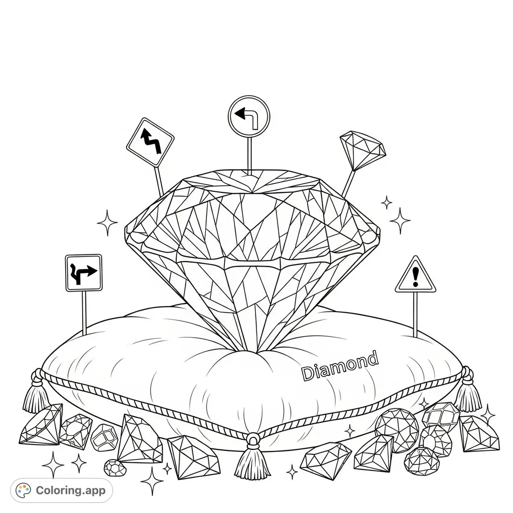 Discover a magnificent diamond on a plush cushion, surrounded by whimsical miniature street scenes and scattered shimmering gems. A treasure of detail awaits!