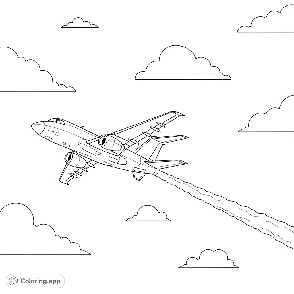 A dynamic jet airplane streaks through a cloud-filled sky, leaving a long contrail. Perfect for aviation enthusiasts to color with precision and imagination.