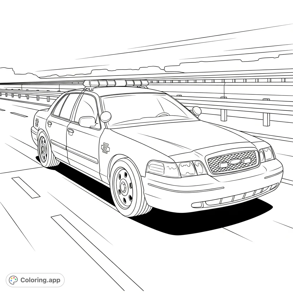 Color a dynamic scene featuring a police car speeding down a highway with emergency lights. Perfect for aspiring heroes and car enthusiasts!
