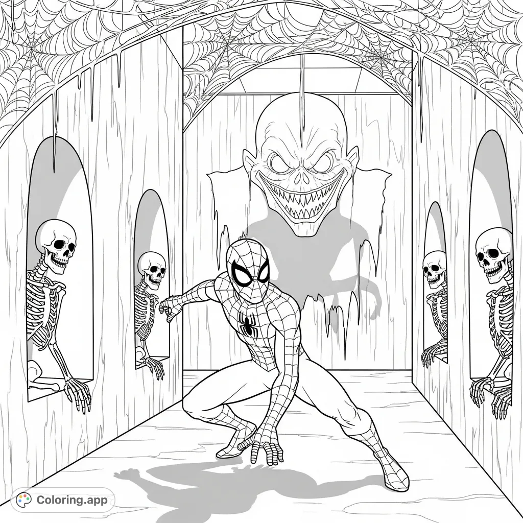 Join Spider-Man as he explores a spooky haunted house hallway, complete with cobwebs, skeletal figures, and a looming monster prop. A thrilling adventure!