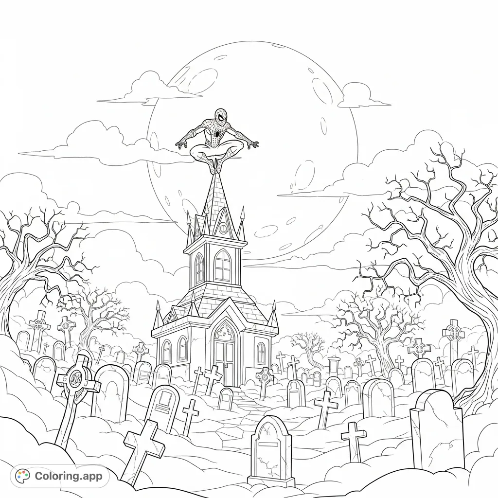 A dramatic Spider-Man coloring page featuring the hero perched on a gothic building, silhouetted against a full moon above an eerie, fog-laden graveyard.